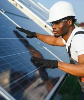 istockphoto-1600567844-612x612 Portrait of african american electrician engineer in safety helmet and uniform installing solar panels